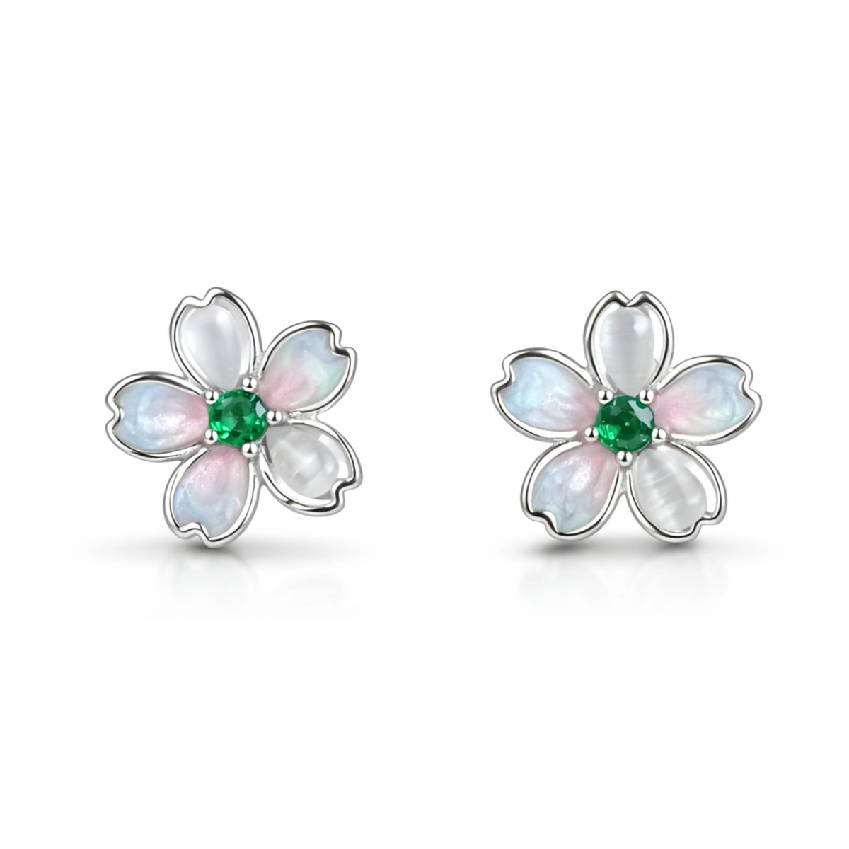 925 Sterling Silver Flower Stud Earrings with Green Stone