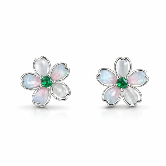 925 Sterling Silver Flower Stud Earrings with Green Stone