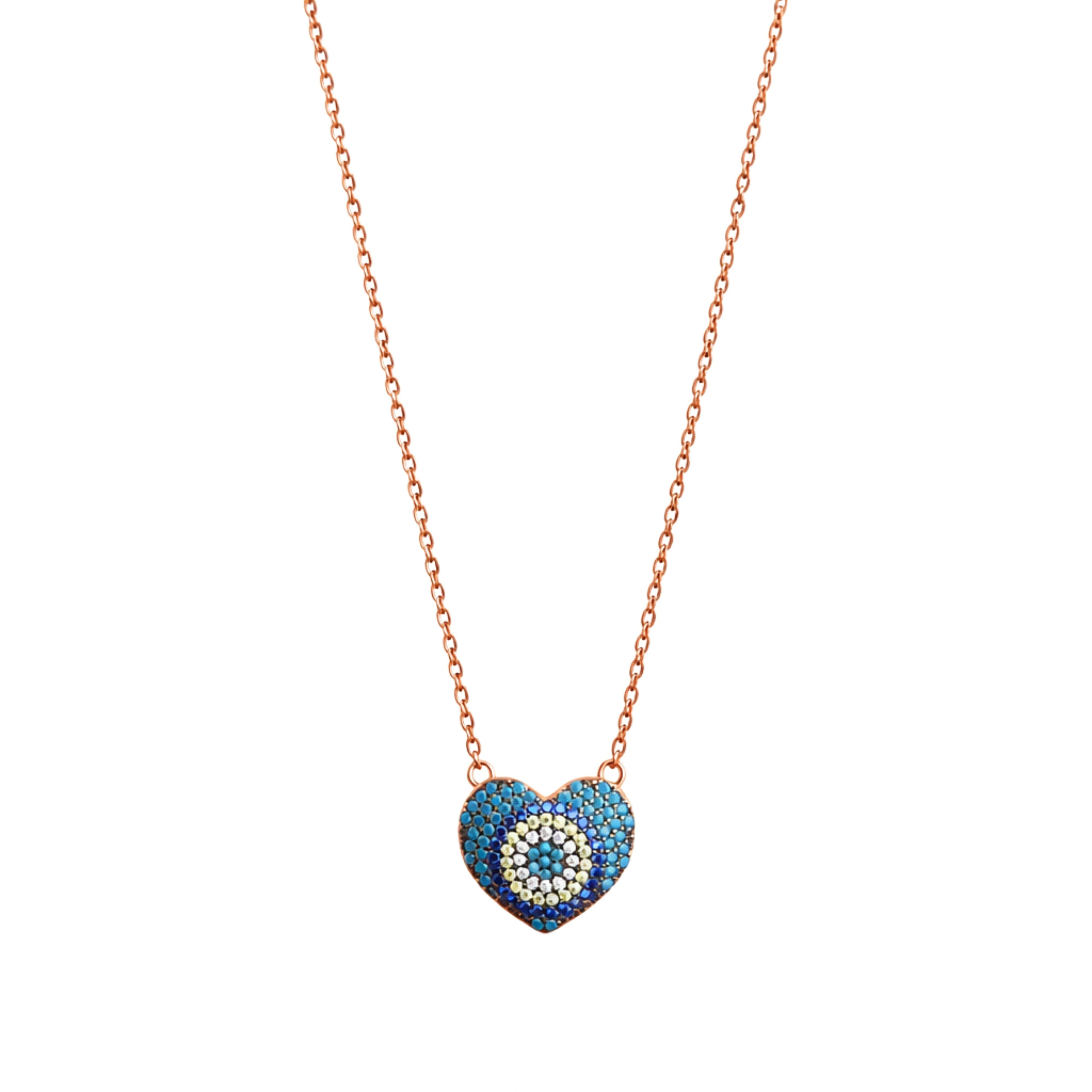 925 Sterling Silver Rose Gold Evil Eye Heart Pendant Necklace