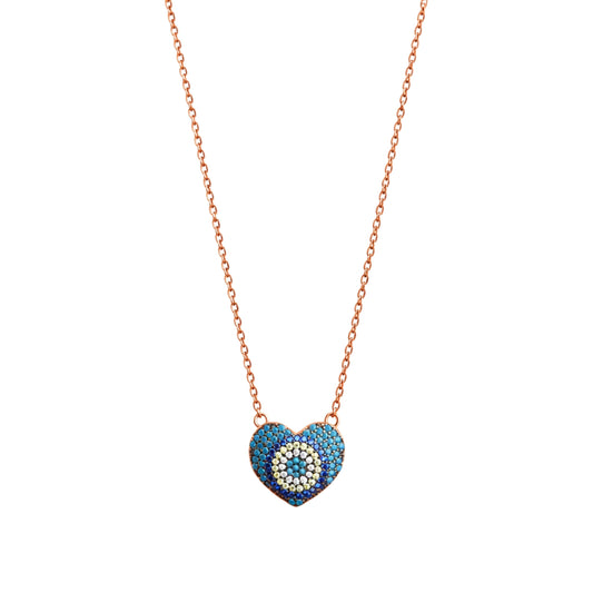 925 Sterling Silver Rose Gold Evil Eye Heart Pendant Necklace