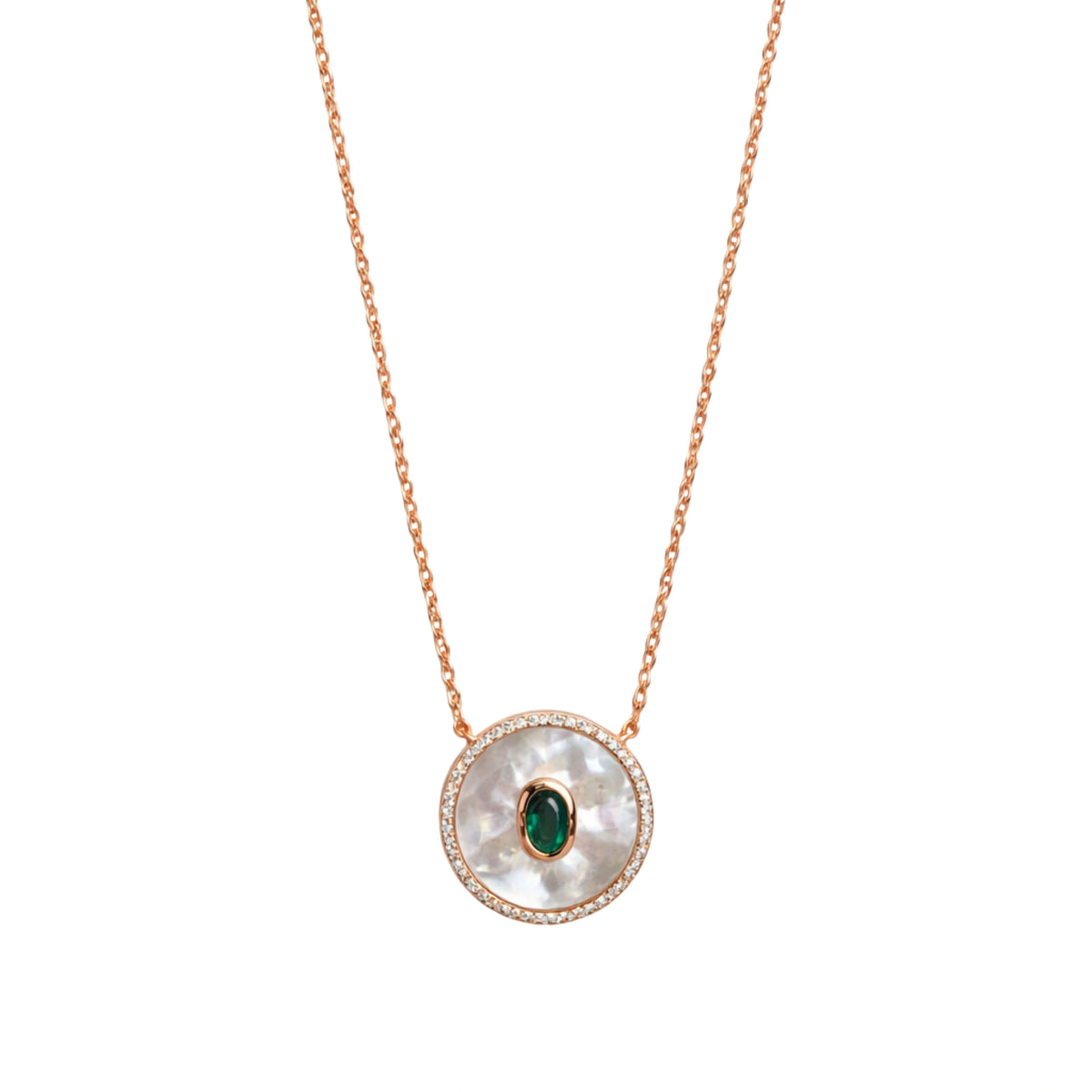 925 Sterling Silver Rose Gold Mother of Pearl Round Pendant Necklace