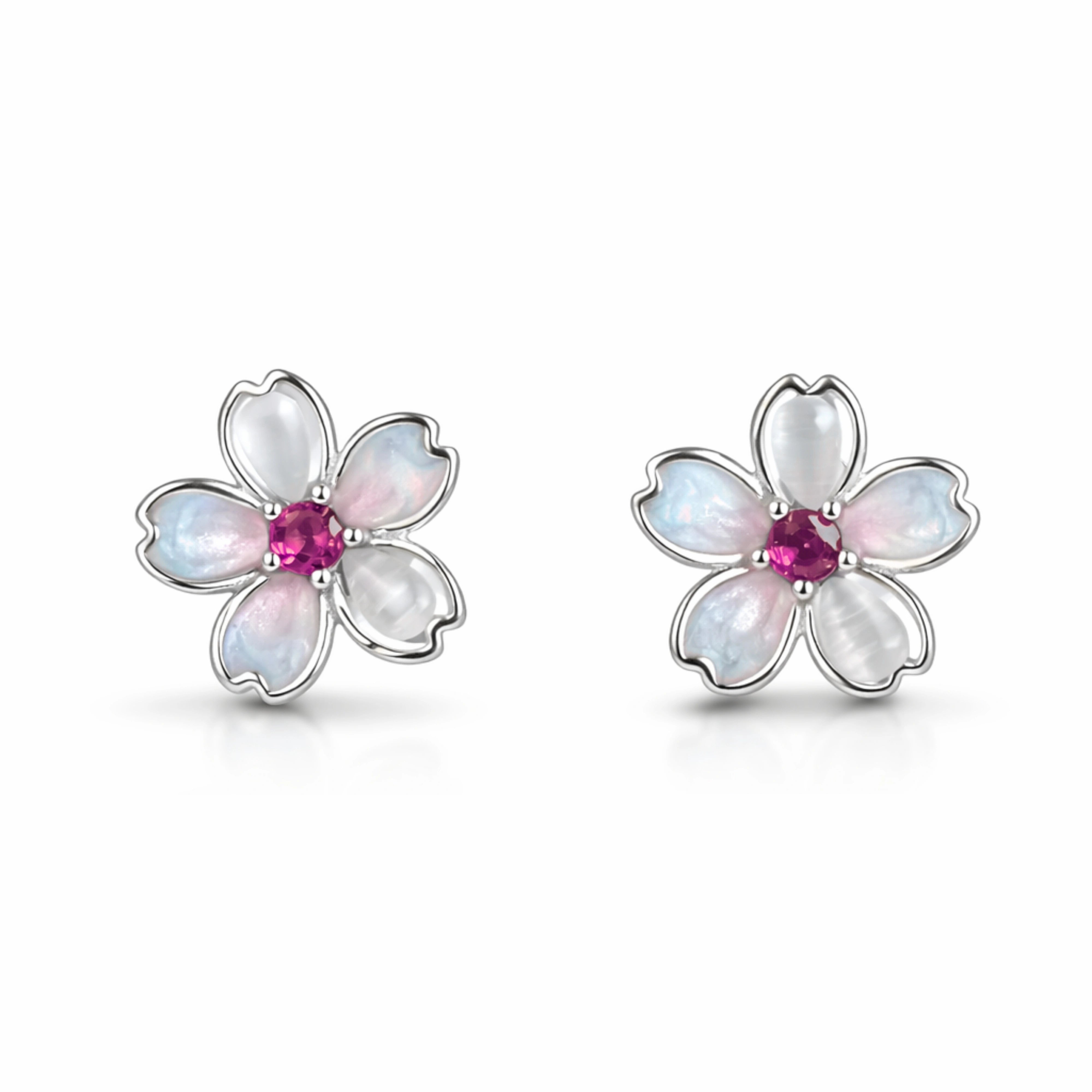 925 Sterling Silver Flower Stud Earrings with Pink Stone