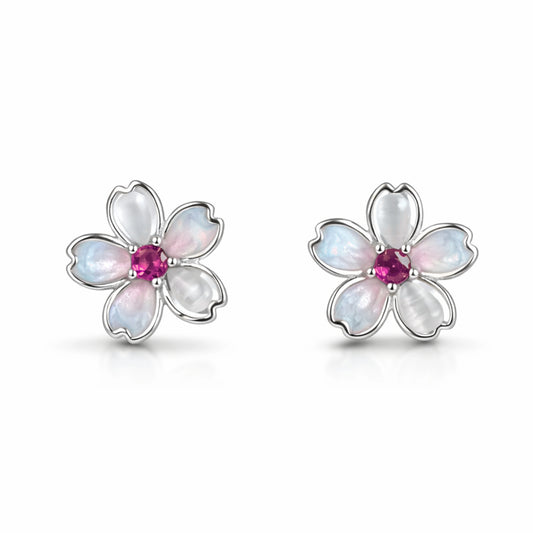 925 Sterling Silver Flower Stud Earrings with Pink Stone