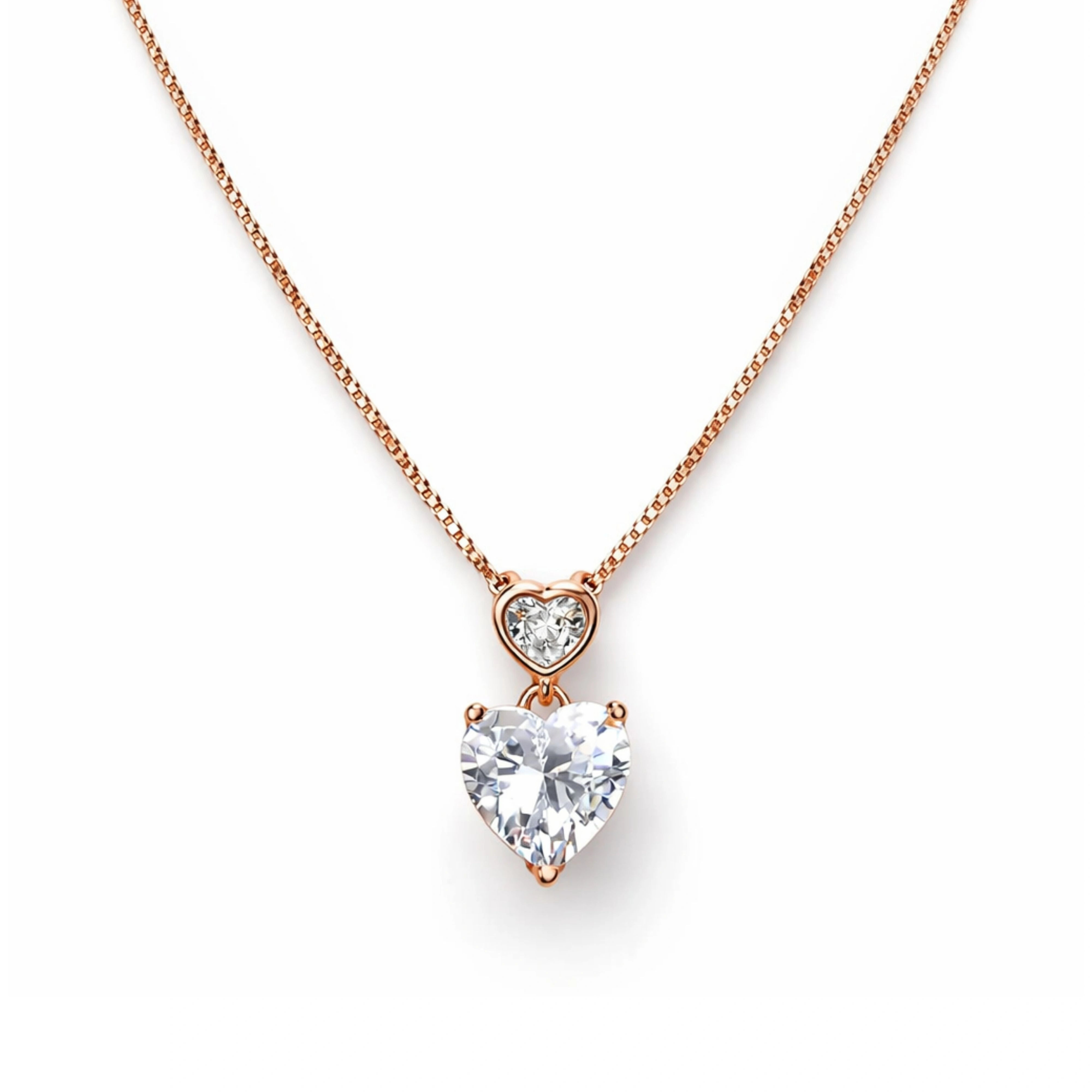 925 Silver Rose Gold Double Heart Crystal Pendant Necklace
