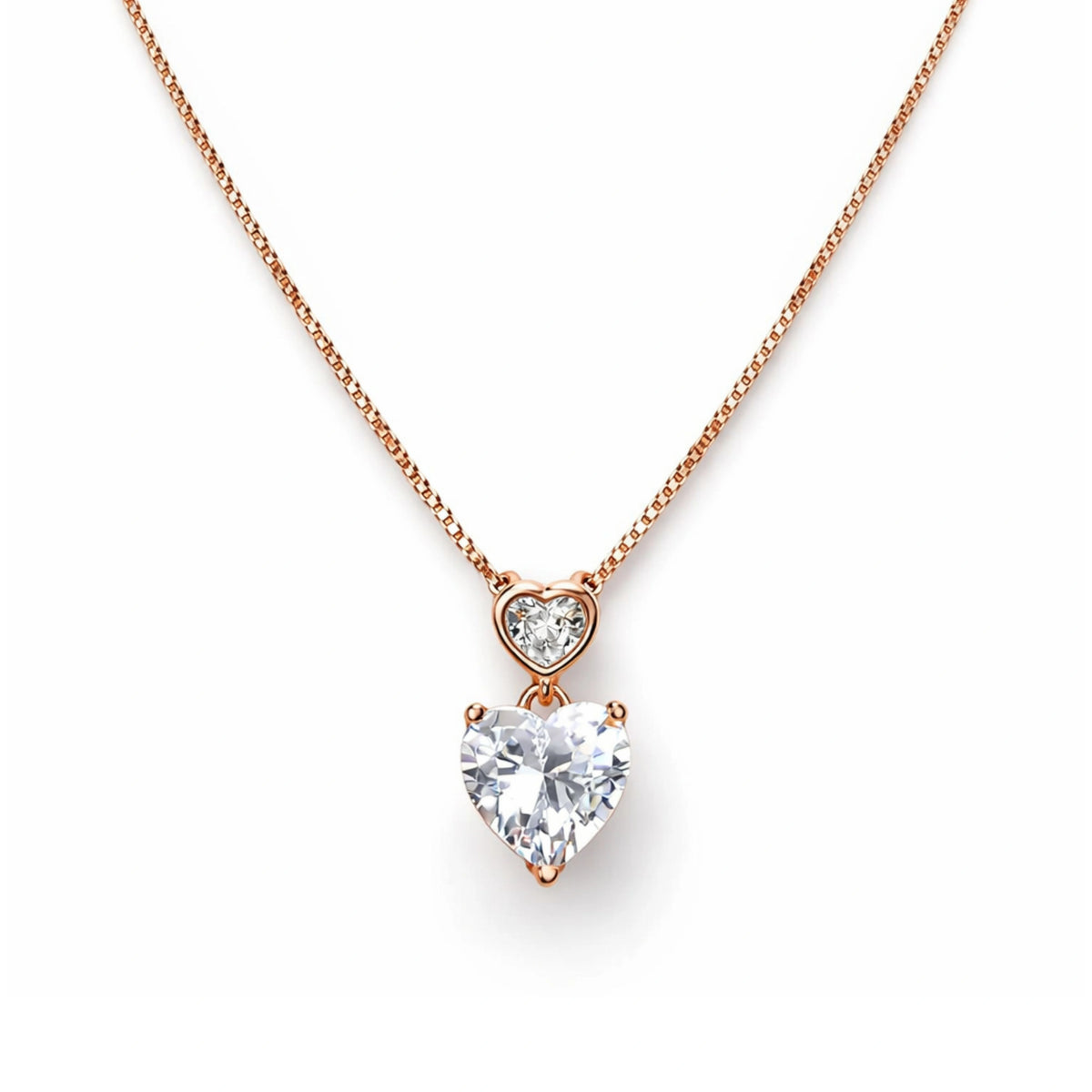 925 Silver Rose Gold Double Heart Crystal Pendant Necklace