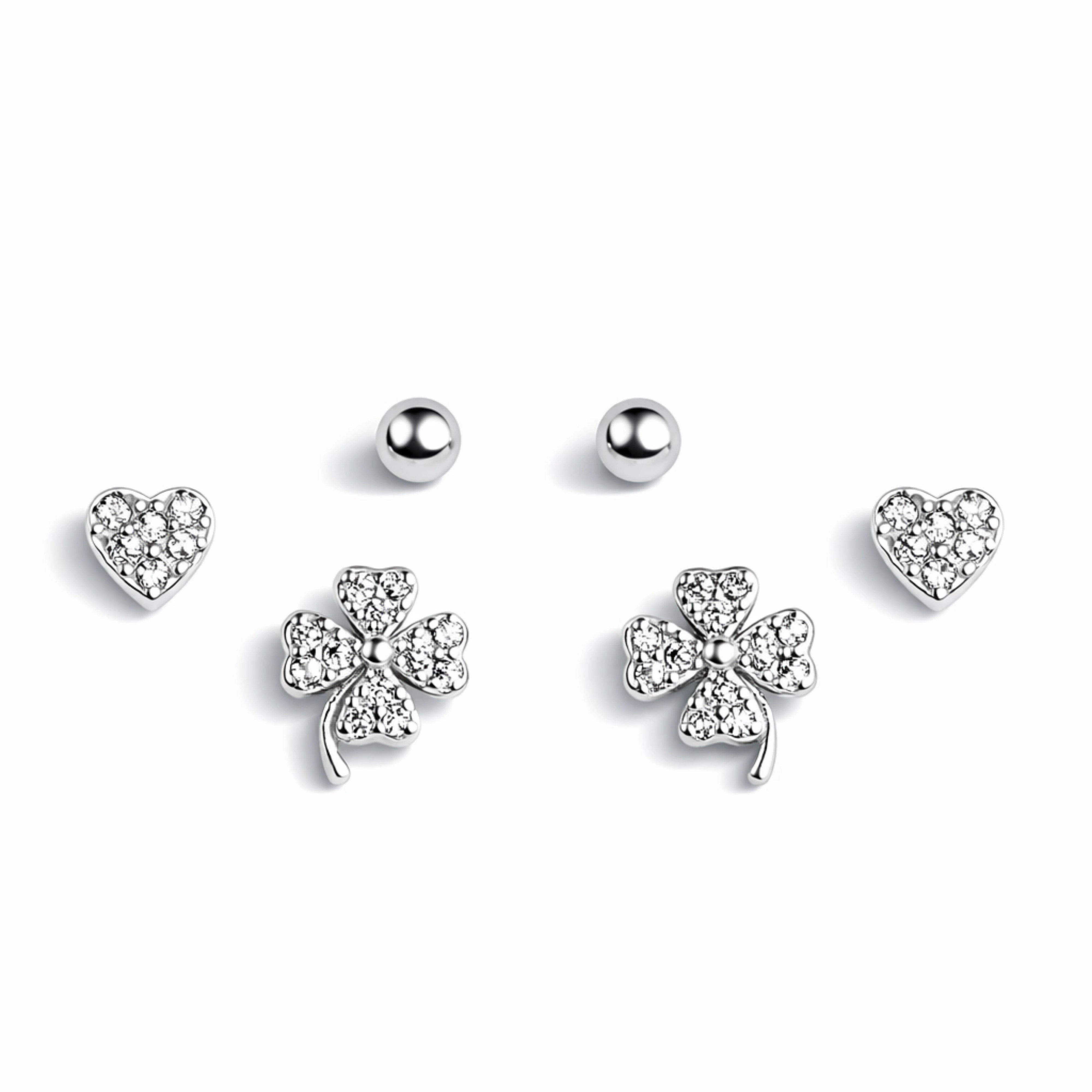 925 Sterling Silver 3 Pair Stud Earrings Set | Heart, Clover & Ball Studs
