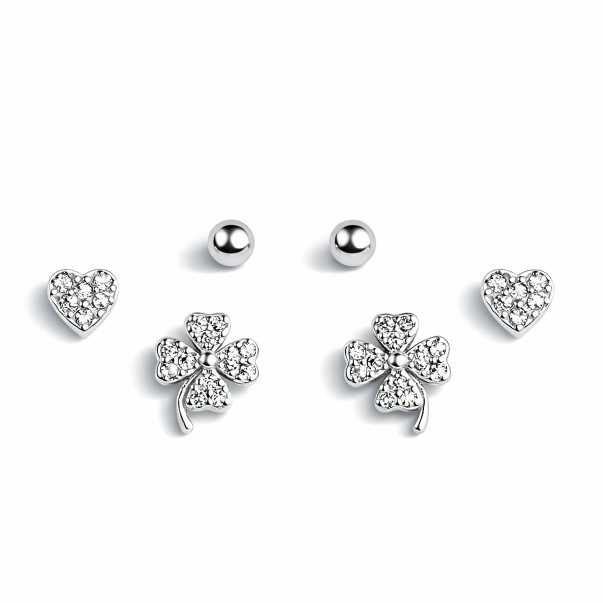 925 Sterling Silver 3 Pair Stud Earrings Set | Heart, Clover & Ball Studs