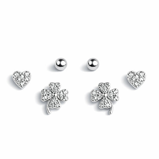 925 Sterling Silver 3 Pair Stud Earrings Set | Heart, Clover & Ball Studs