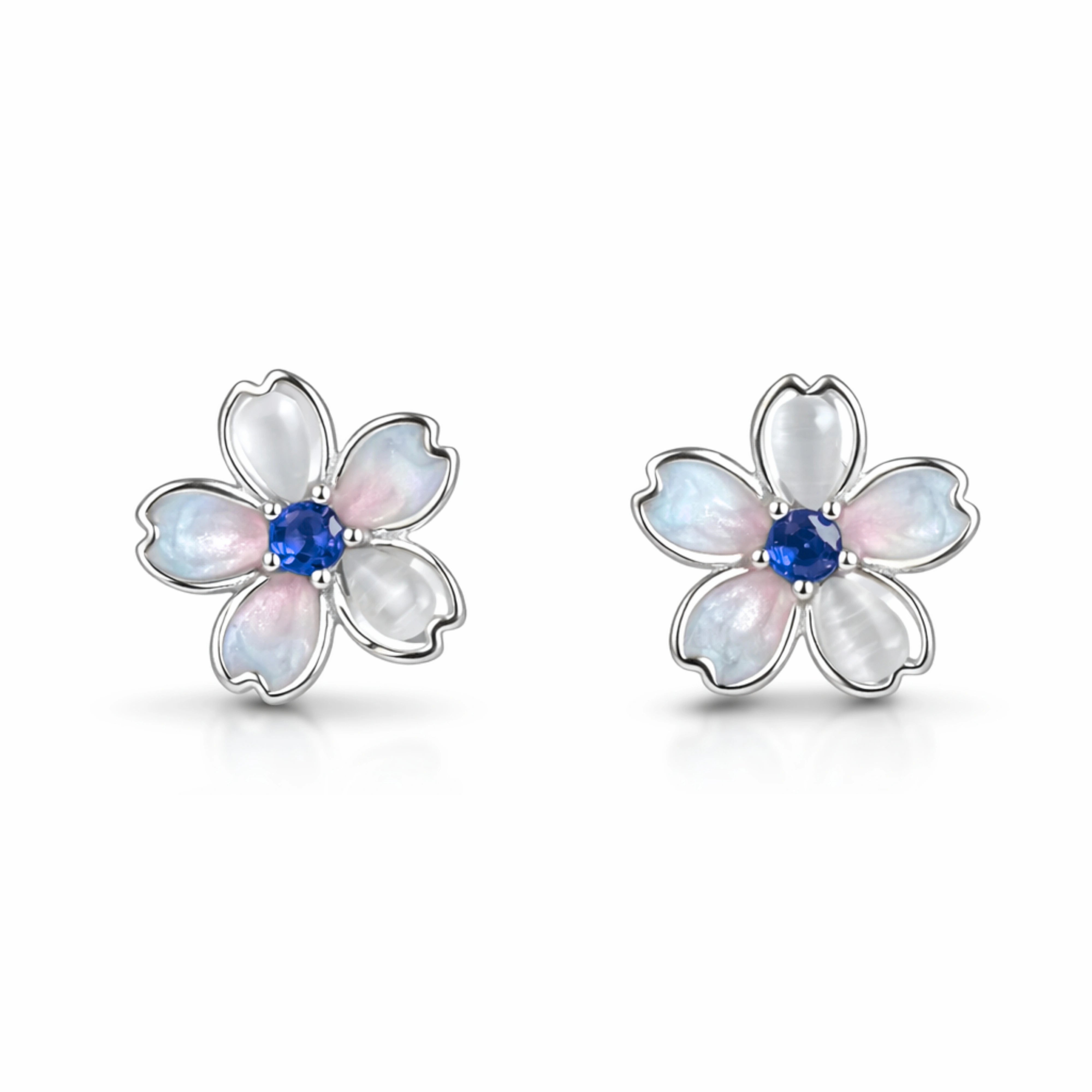 925 Sterling Silver Flower Stud Earrings with Blue Stone