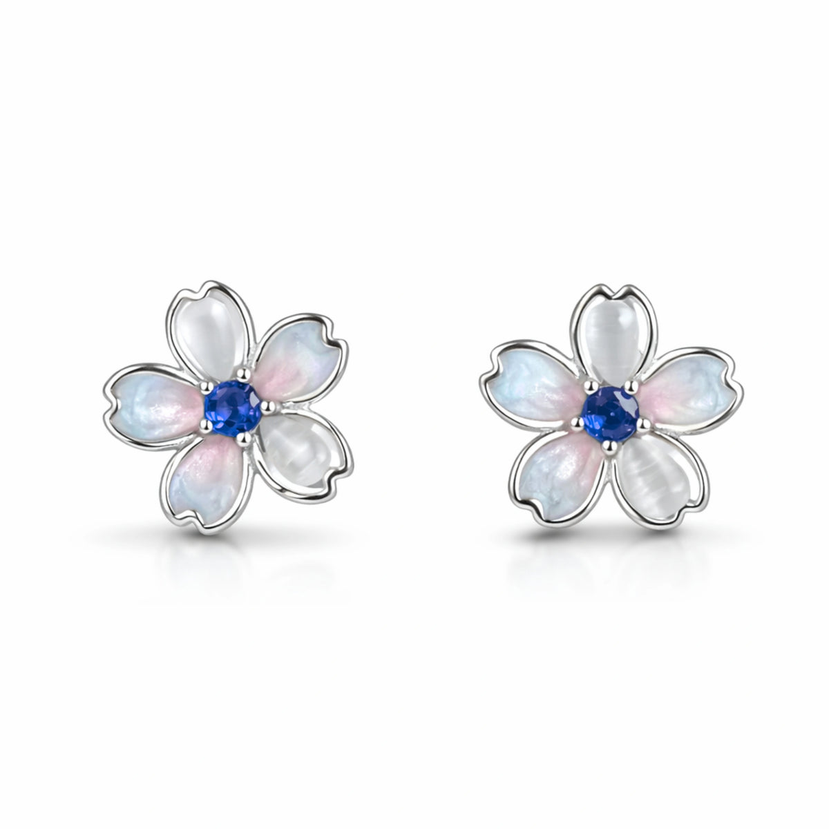 925 Sterling Silver Flower Stud Earrings with Blue Stone