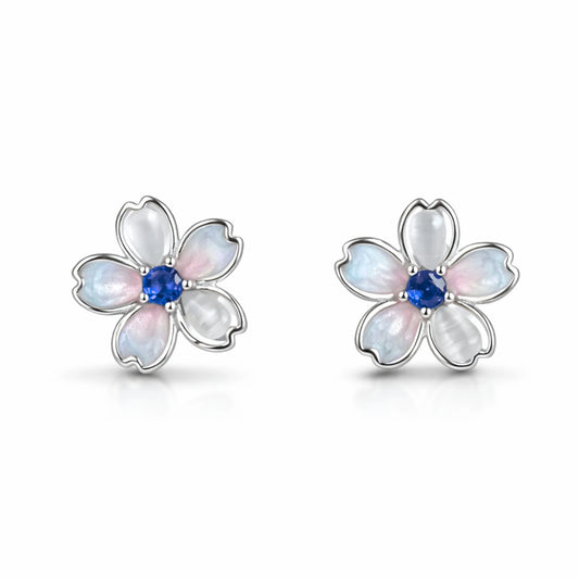 925 Sterling Silver Flower Stud Earrings with Blue Stone