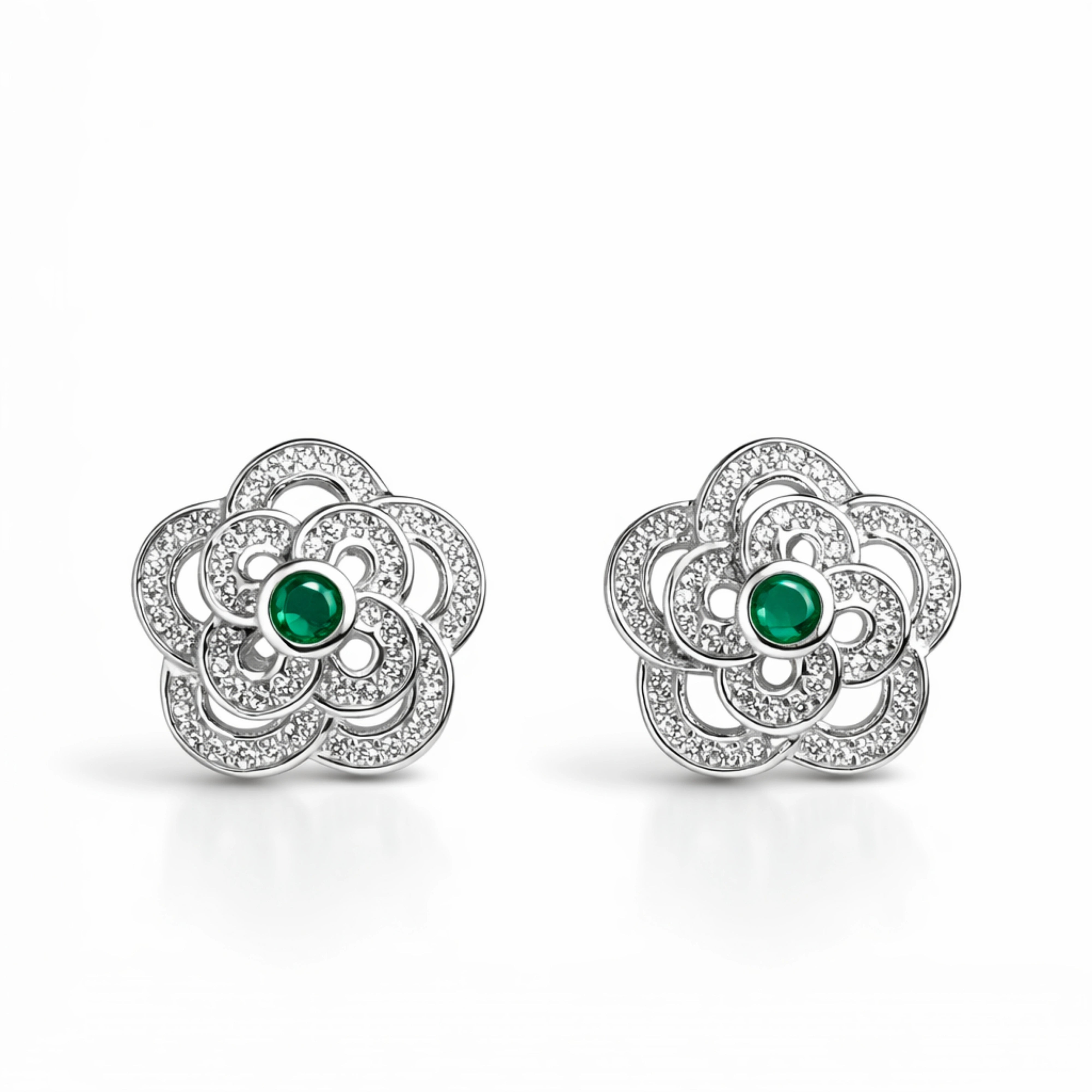925 Sterling Silver Floral Stud Earrings with Green Stone | CZ Flower Design Jewelry for Women