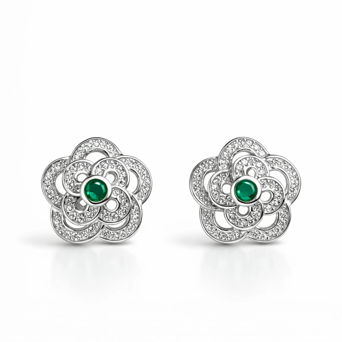 925 Sterling Silver Floral Stud Earrings with Green Stone | CZ Flower Design Jewelry for Women