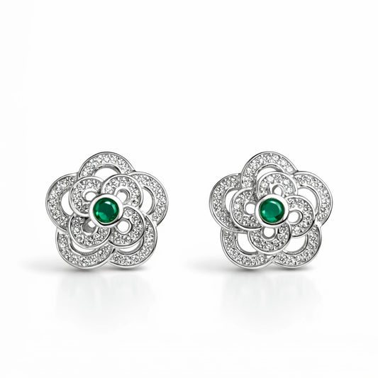 925 Sterling Silver Floral Stud Earrings with Green Stone | CZ Flower Design Jewelry for Women