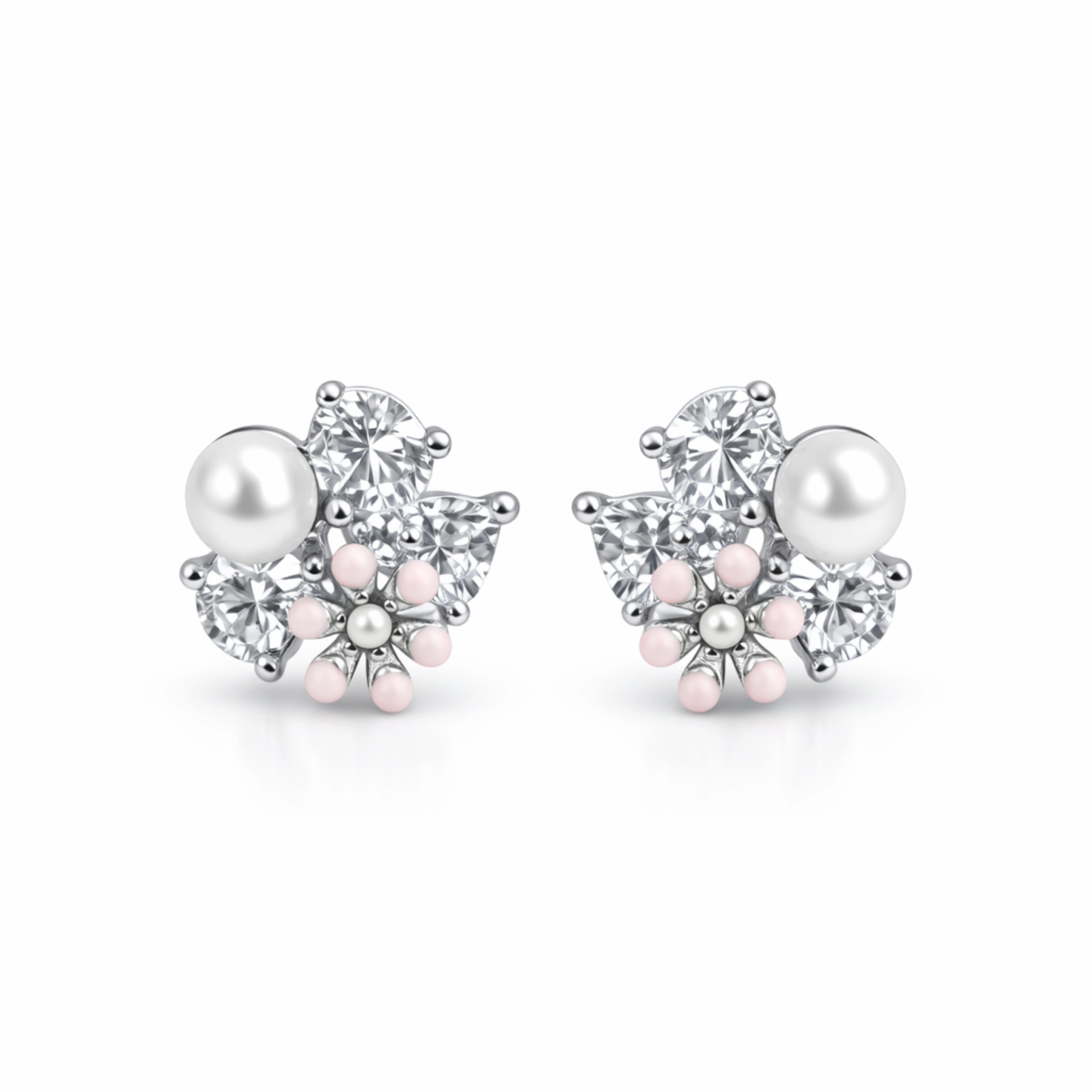 925 Sterling Silver Pearl & CZ Stud Earrings | Floral Cluster Design Jewelry for Women