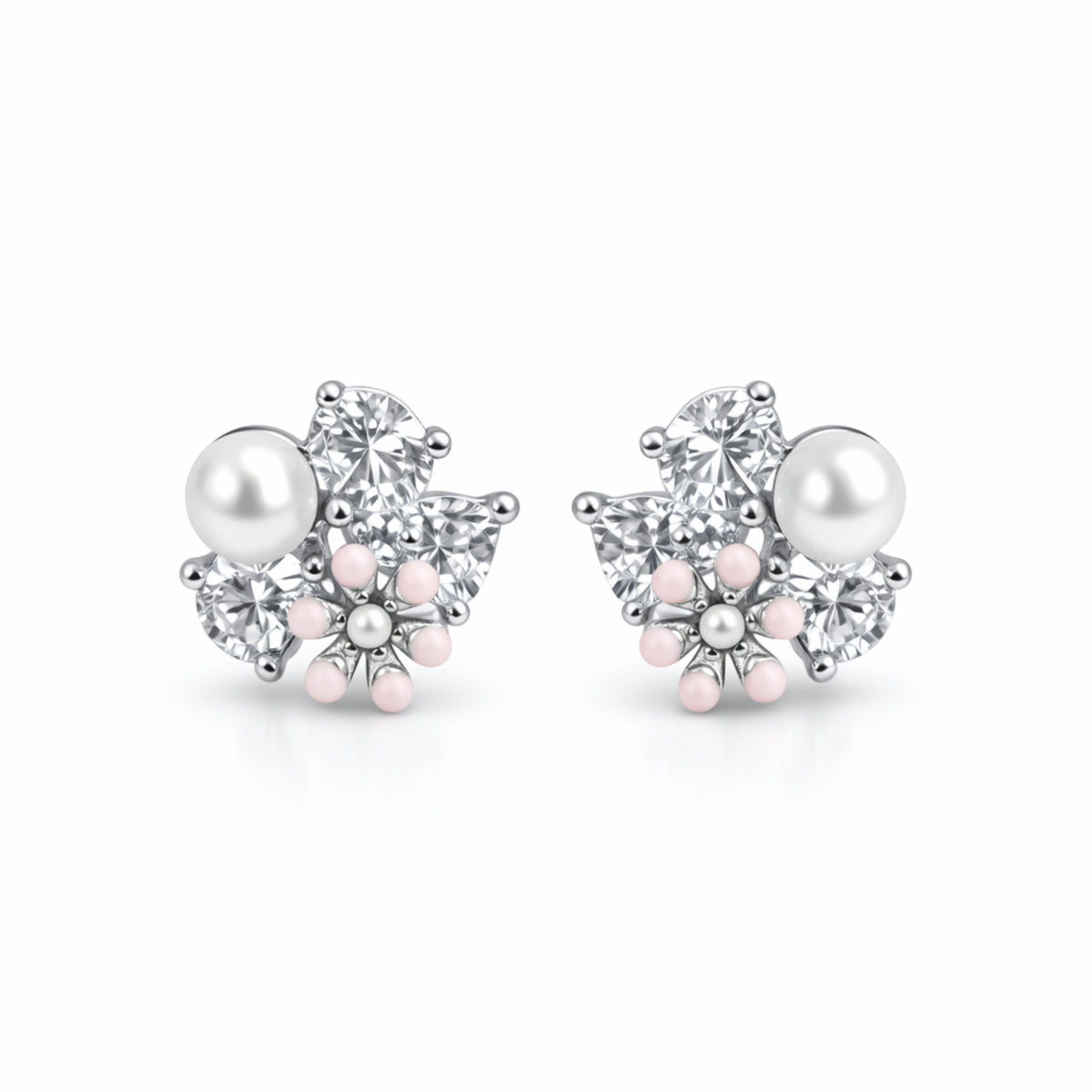 925 Sterling Silver Pearl & CZ Stud Earrings | Floral Cluster Design Jewelry for Women