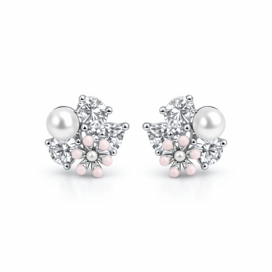 925 Sterling Silver Pearl & CZ Stud Earrings | Floral Cluster Design Jewelry for Women