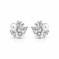 925 Sterling Silver Pearl & CZ Stud Earrings | Floral Cluster Design Jewelry for Women