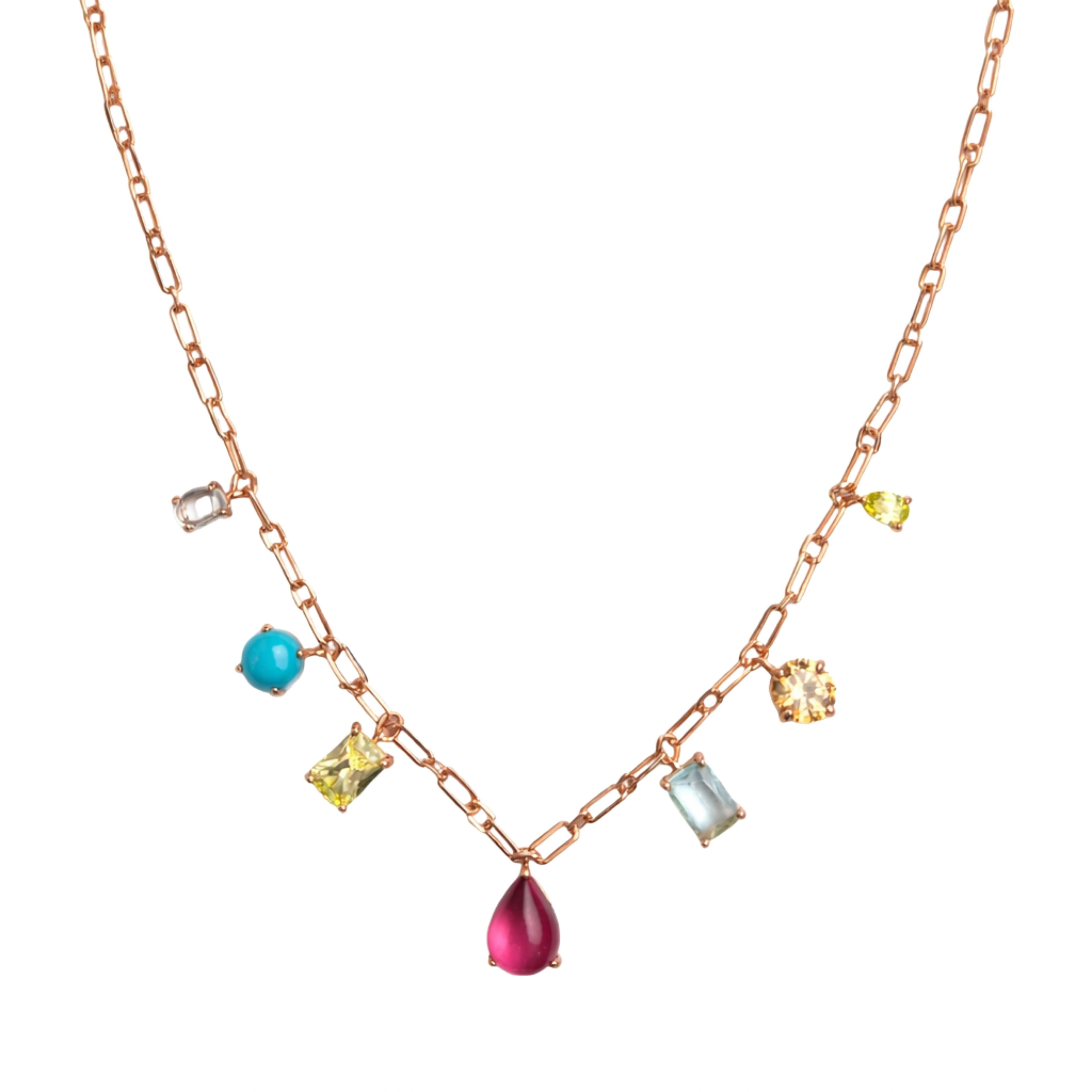 925 Sterling Silver Rose Gold Multi Color Gemstone Charm Necklace