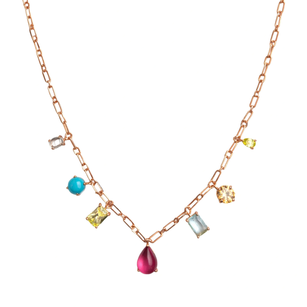 925 Sterling Silver Rose Gold Multi Color Gemstone Charm Necklace
