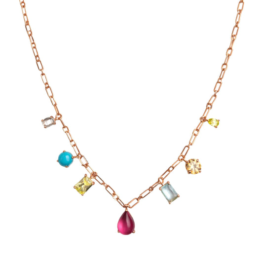 925 Sterling Silver Rose Gold Multi Color Gemstone Charm Necklace