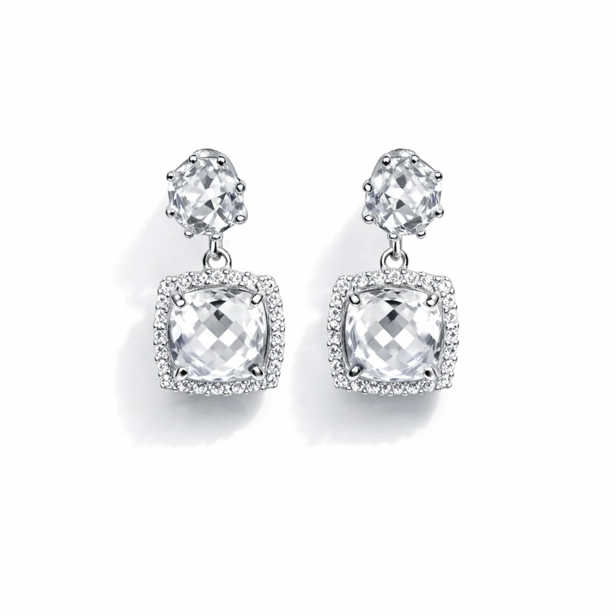 925 Sterling Silver Drop Earrings with Cubic Zirconia | Square Crystal Dangle Earrings for Women