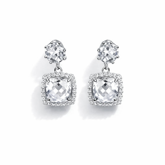 925 Sterling Silver Drop Earrings with Cubic Zirconia | Square Crystal Dangle Earrings for Women
