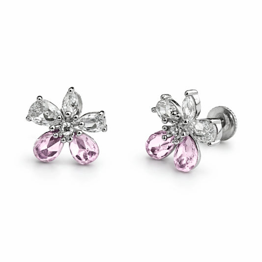 925 Sterling Silver Floral Stud Earrings with Pink Stones | CZ & Teardrop Flower Design Jewelry