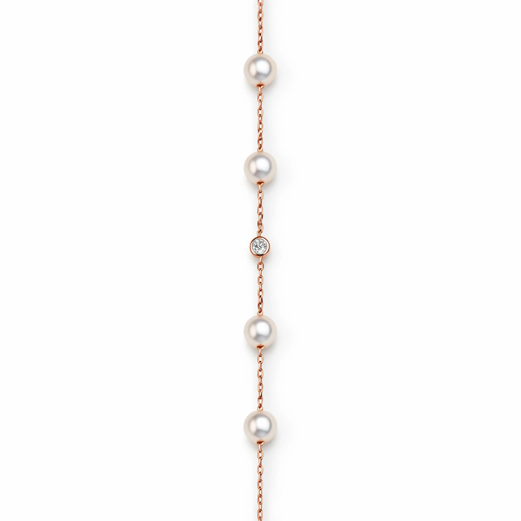 925 Sterling Silver Rose Gold Pearl Station Bracelet with Crystal Accent