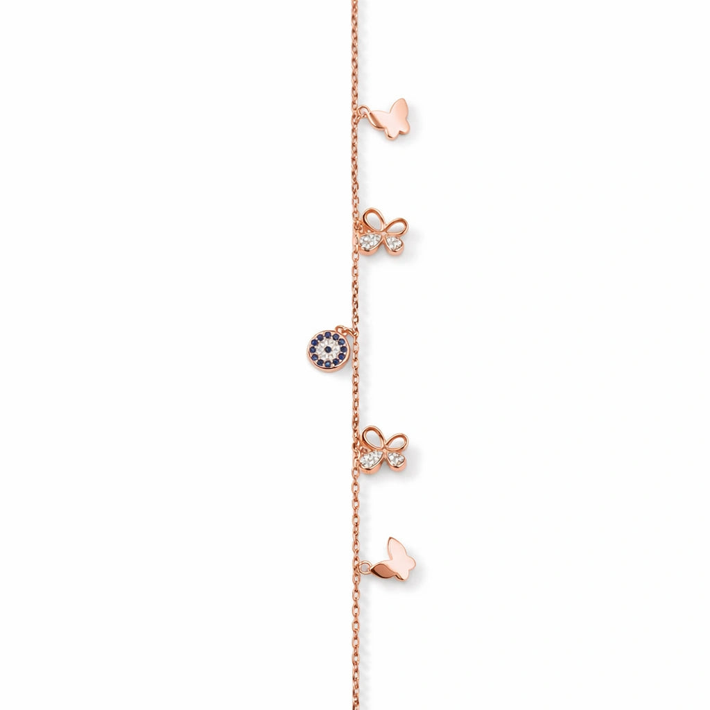 925 Sterling Silver Rose Gold Butterfly & Bow Charm Bracelet with Evil Eye