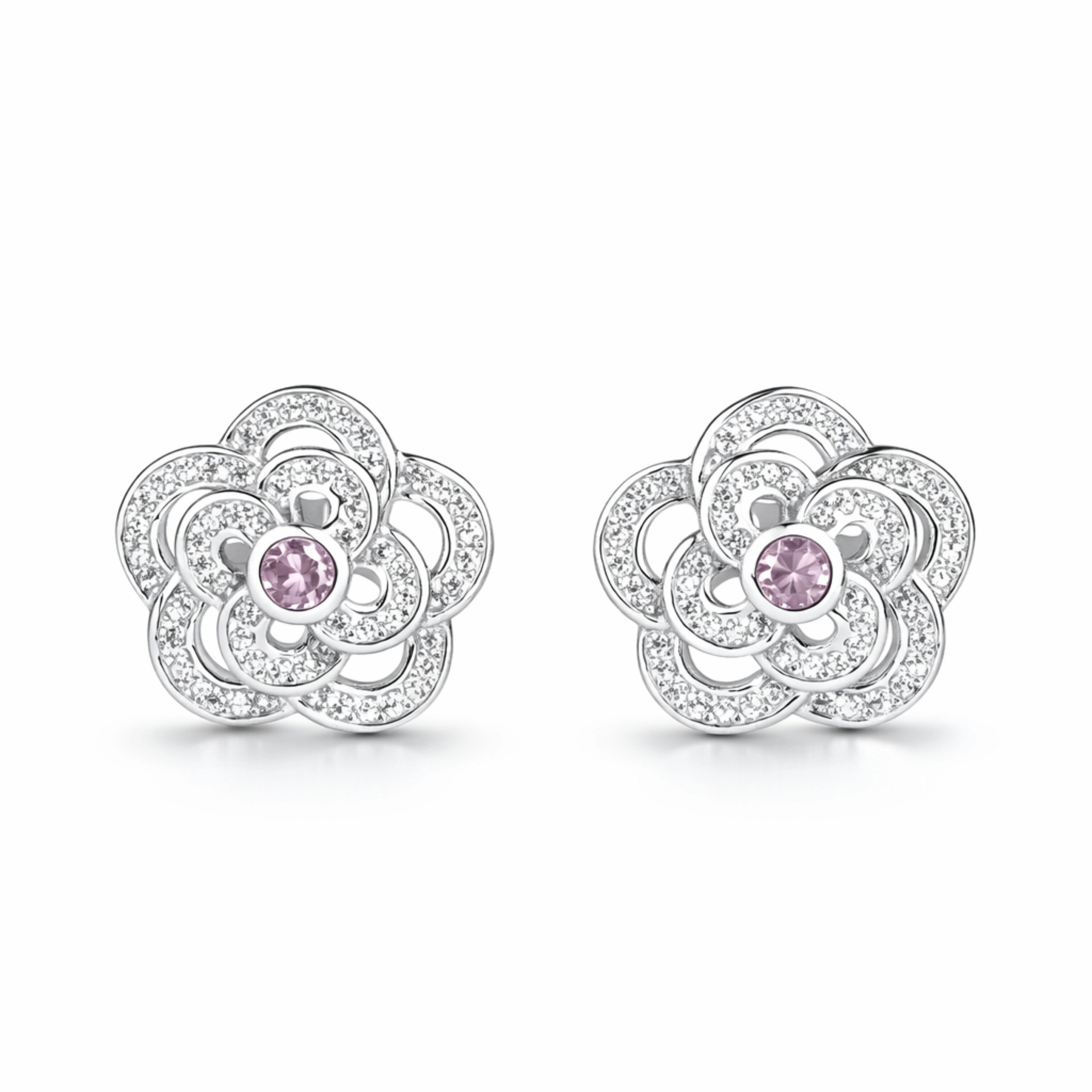925 Sterling Silver Floral Stud Earrings with Pink Stone | CZ Flower Design Jewelry for Women