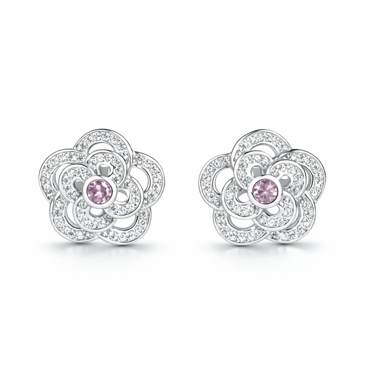 925 Sterling Silver Floral Stud Earrings with Pink Stone | CZ Flower Design Jewelry for Women