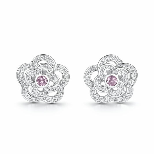 925 Sterling Silver Floral Stud Earrings with Pink Stone | CZ Flower Design Jewelry for Women