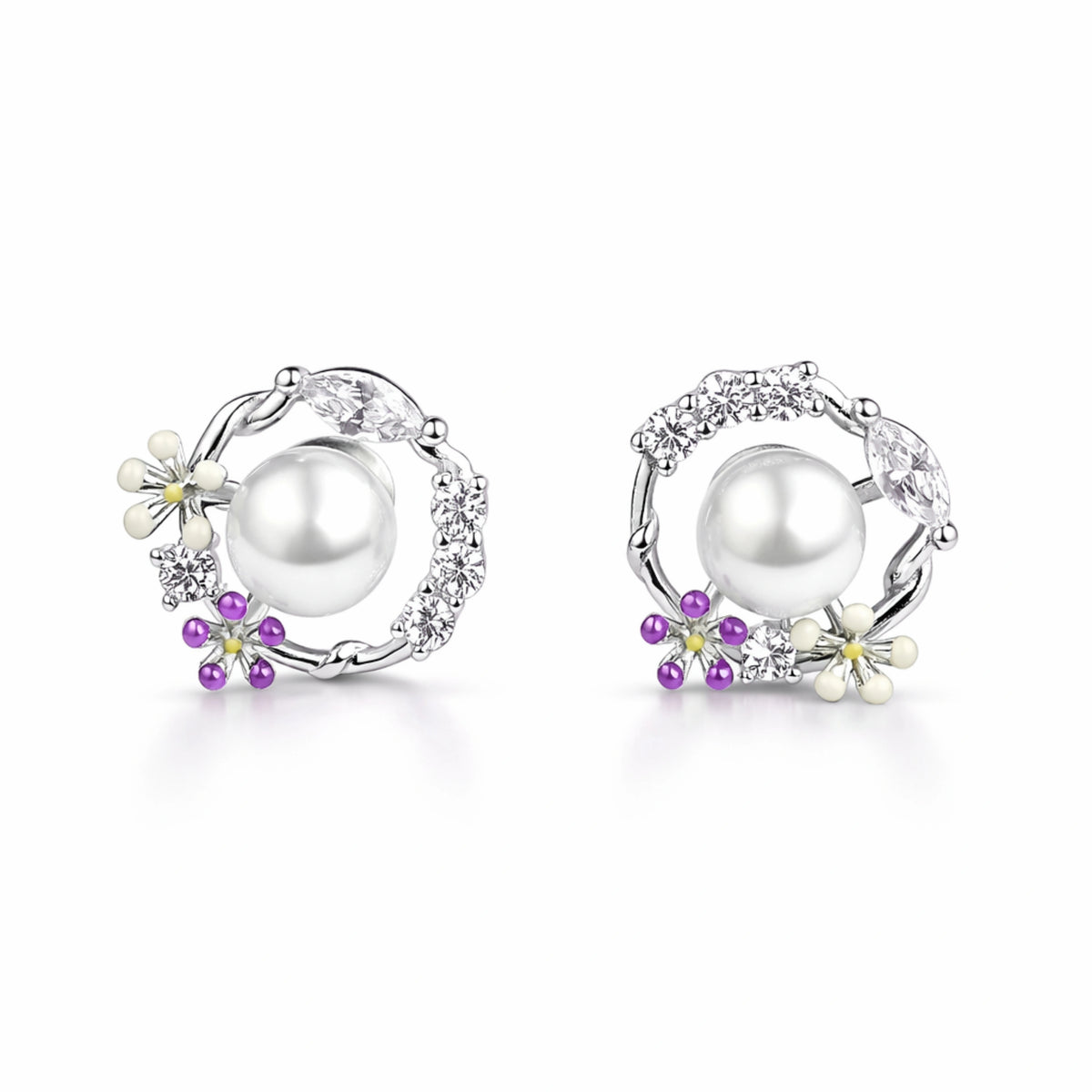 925 Sterling Silver Pearl Floral Stud Earrings | CZ Wreath Design with Multicolor Flower Accents