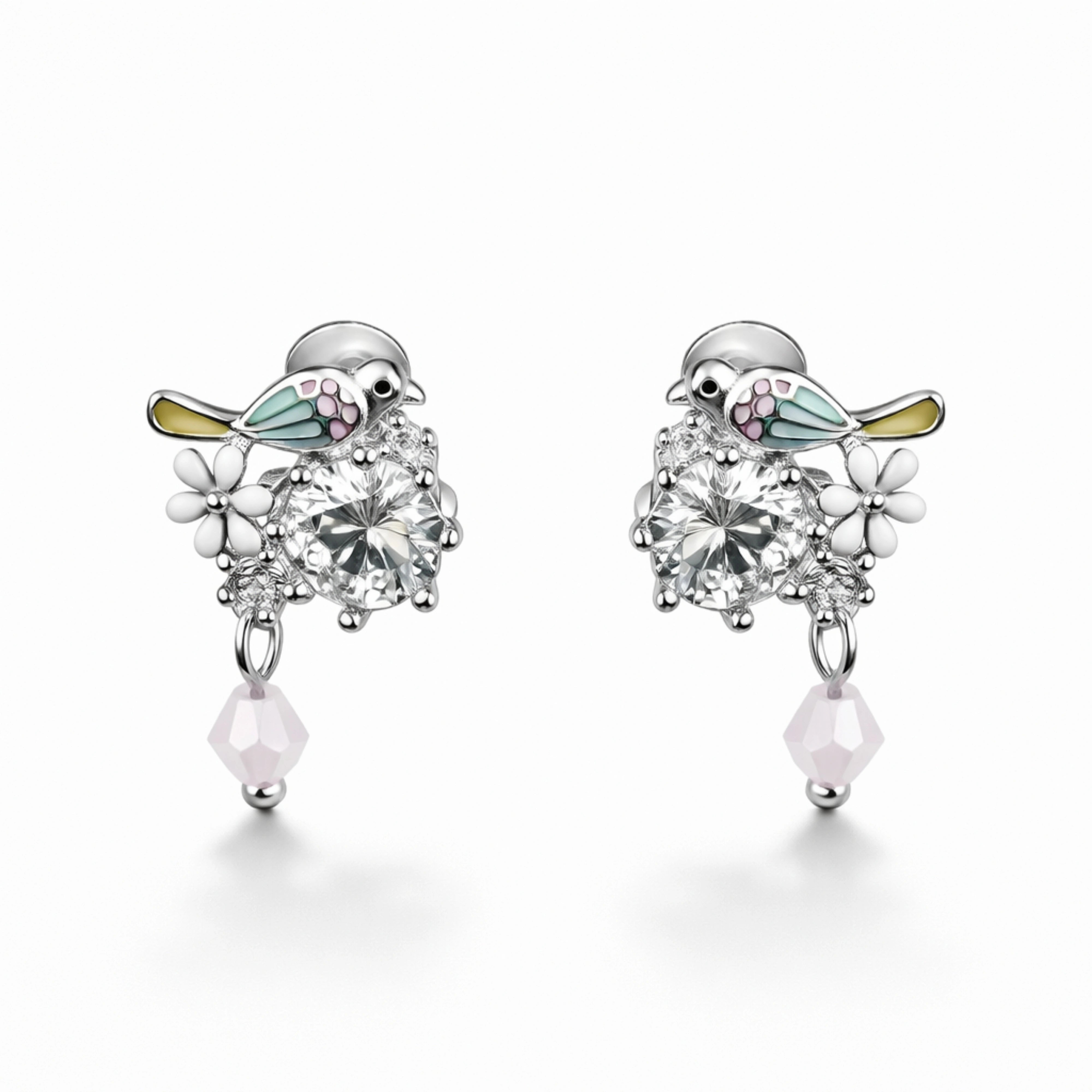 925 Sterling Silver Bird & Flower Earrings | CZ Crystal Drop Earrings with Enamel Detail