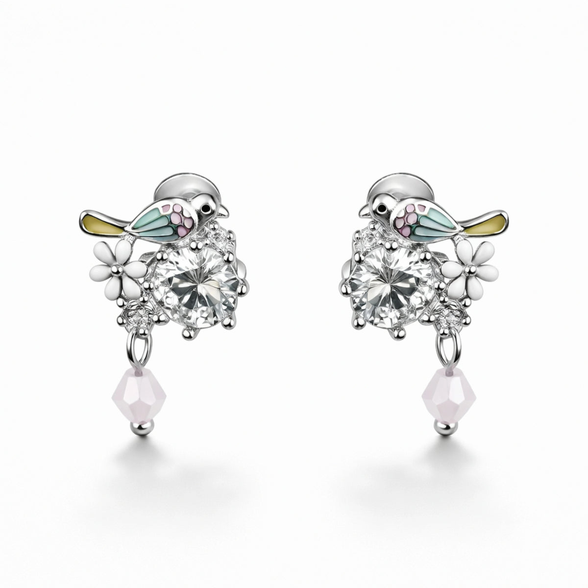 925 Sterling Silver Bird & Flower Earrings | CZ Crystal Drop Earrings with Enamel Detail