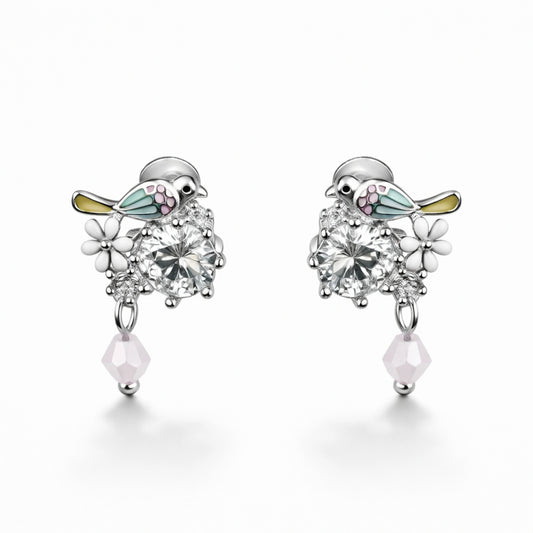 925 Sterling Silver Bird & Flower Earrings | CZ Crystal Drop Earrings with Enamel Detail