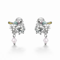 925 Sterling Silver Bird & Flower Earrings | CZ Crystal Drop Earrings with Enamel Detail