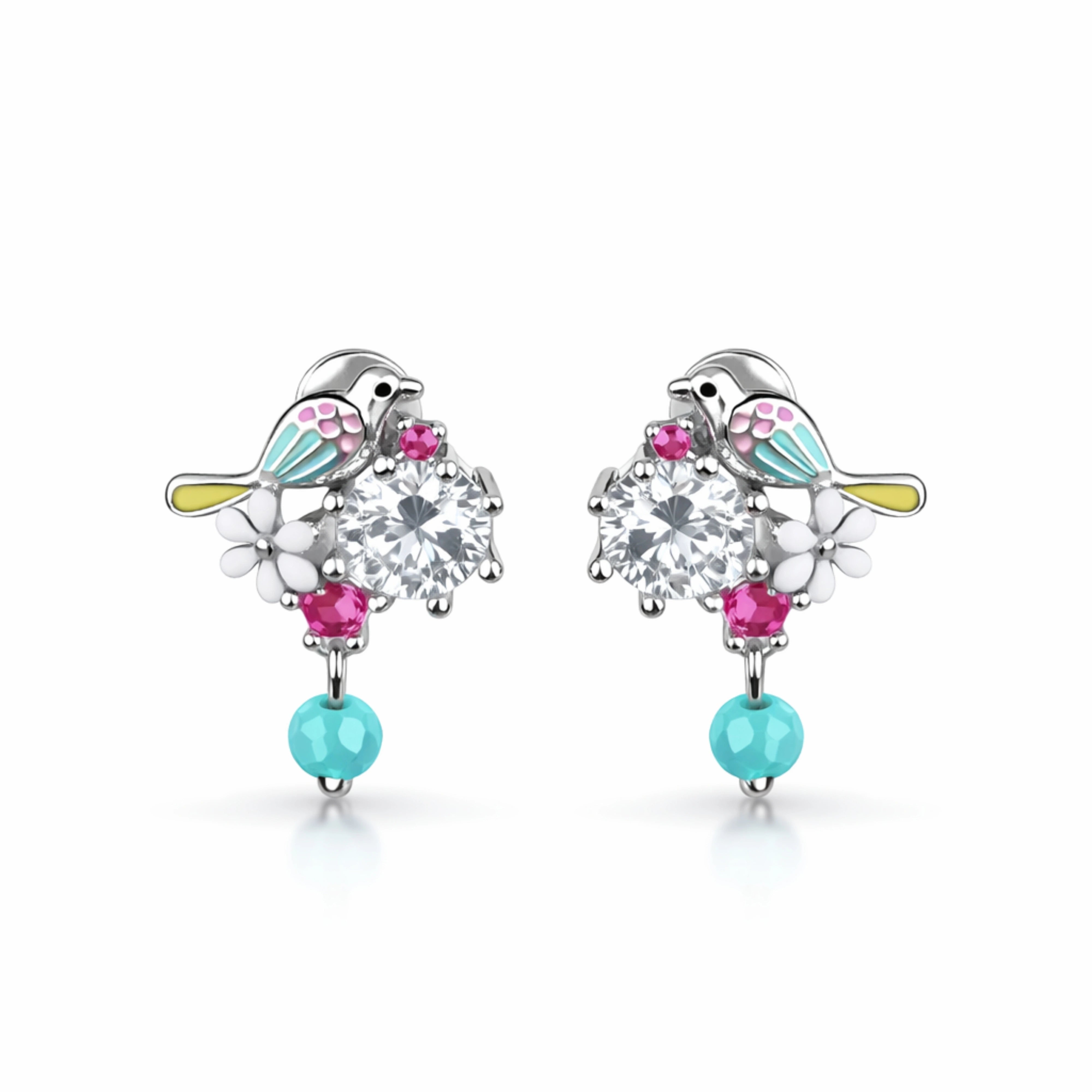 925 Sterling Silver Bird & Flower Earrings | CZ Crystal Drop with Turquoise Bead & Enamel Detail