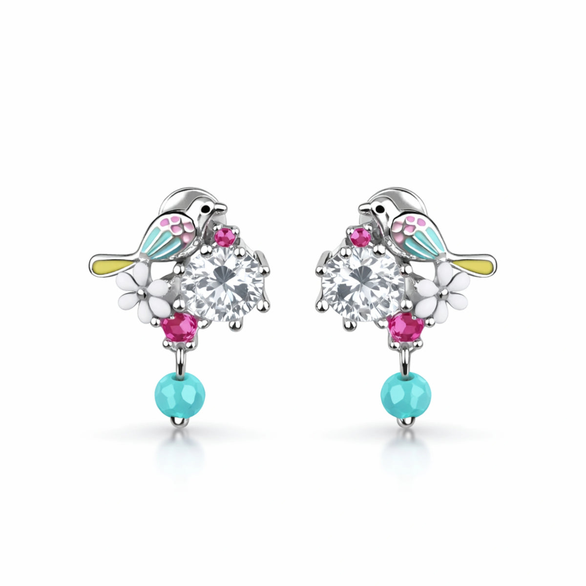 925 Sterling Silver Bird & Flower Earrings | CZ Crystal Drop with Turquoise Bead & Enamel Detail