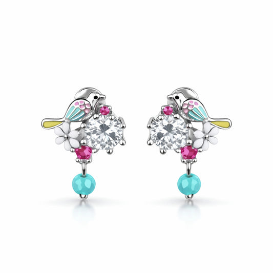 925 Sterling Silver Bird & Flower Earrings | CZ Crystal Drop with Turquoise Bead & Enamel Detail