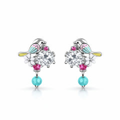 925 Sterling Silver Bird & Flower Earrings | CZ Crystal Drop with Turquoise Bead & Enamel Detail