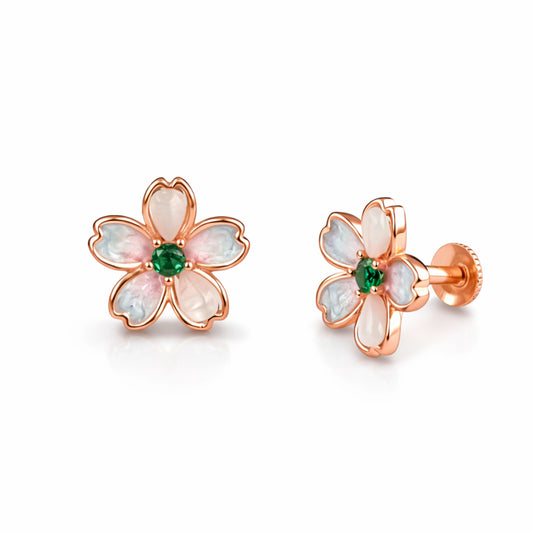 925 Sterling Silver Rose Gold Flower Stud Earrings with Green Stone | Pastel Petal Floral Jewelry