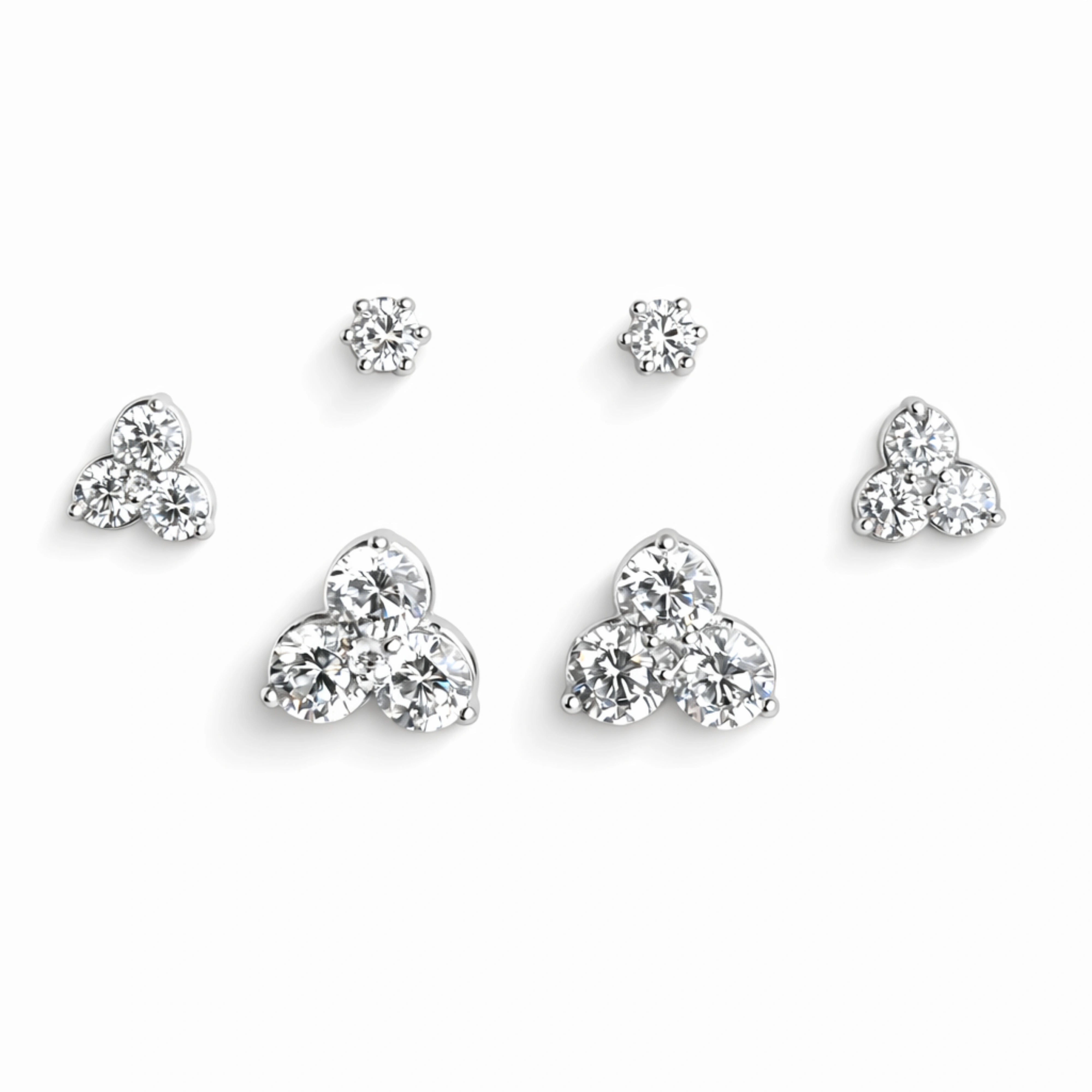 925 Sterling Silver 3 Pair Stud Earrings Set | Round CZ Cluster & Solitaire Studs