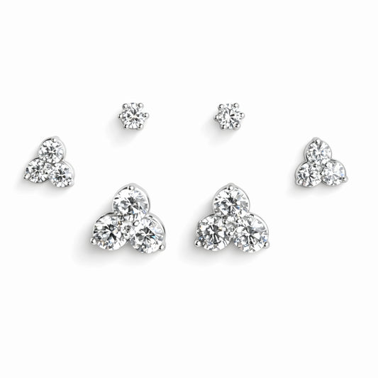 925 Sterling Silver 3 Pair Stud Earrings Set | Round CZ Cluster & Solitaire Studs