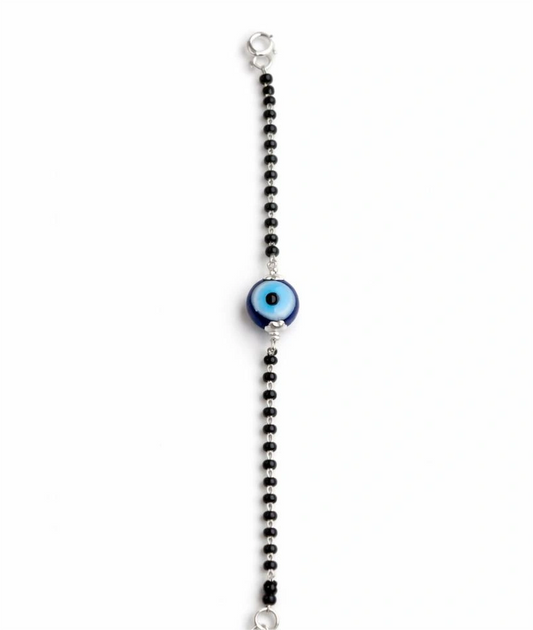 925 Sterling Silver Black Bead Nazariya Bracelet with Blue Evil Eye Charm for Kids