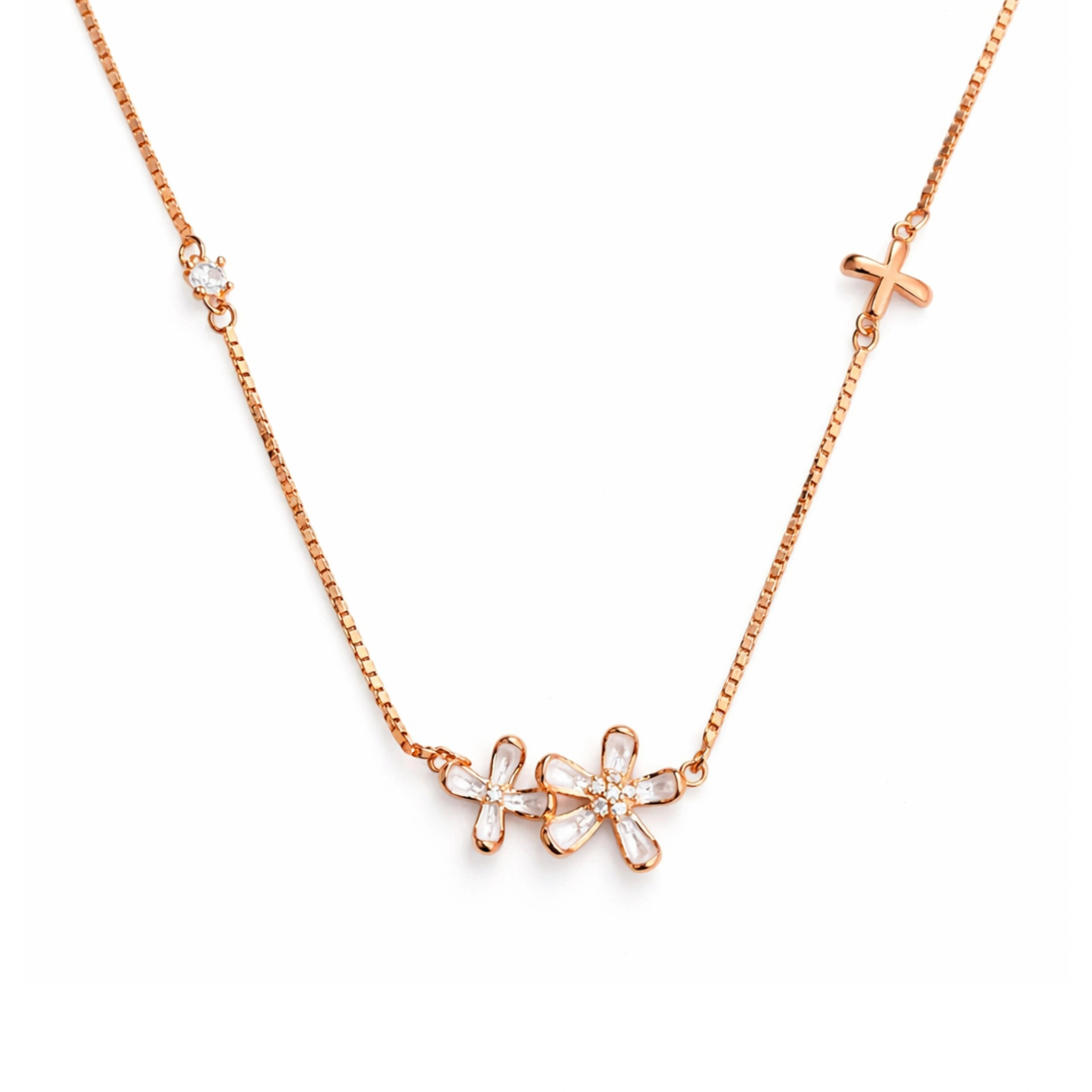 925 Silver Rose Gold Floral Crystal Necklace with Cross Accent – 925 Sterling Silver