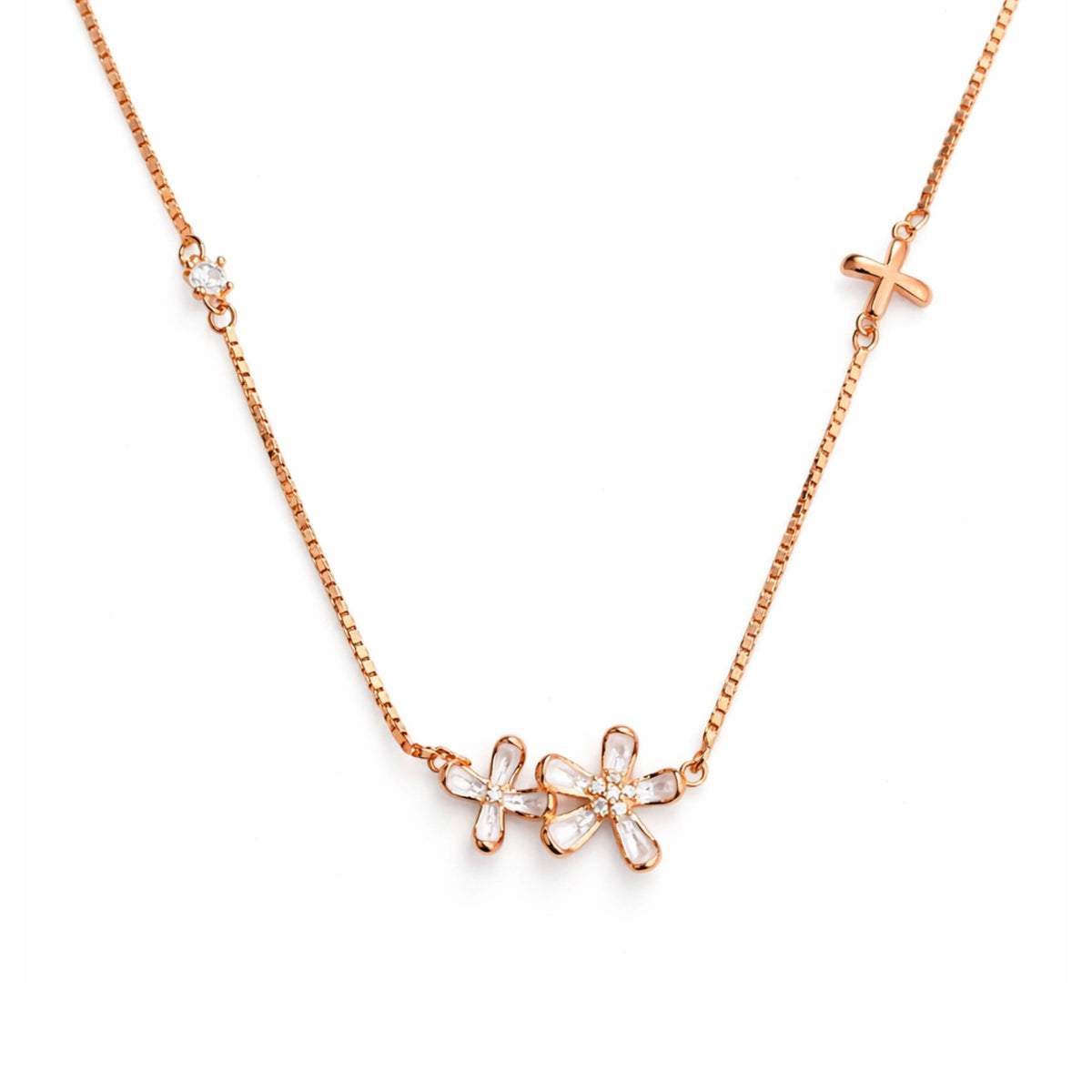 925 Silver Rose Gold Floral Crystal Necklace with Cross Accent – 925 Sterling Silver