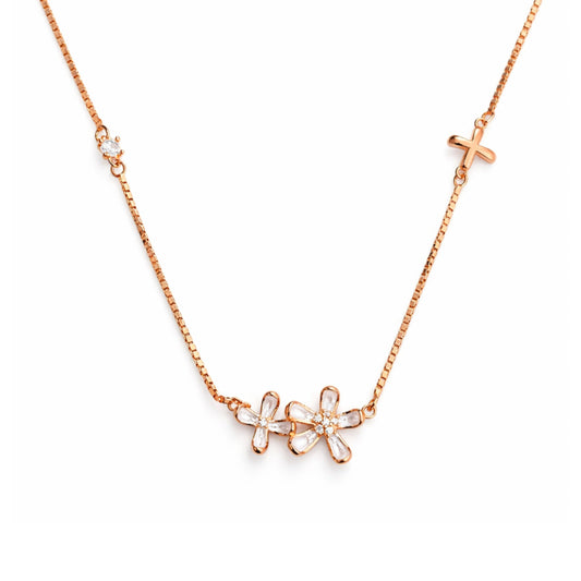Rose Gold Floral Crystal Necklace with Cross Accent – 925 Sterling Silver