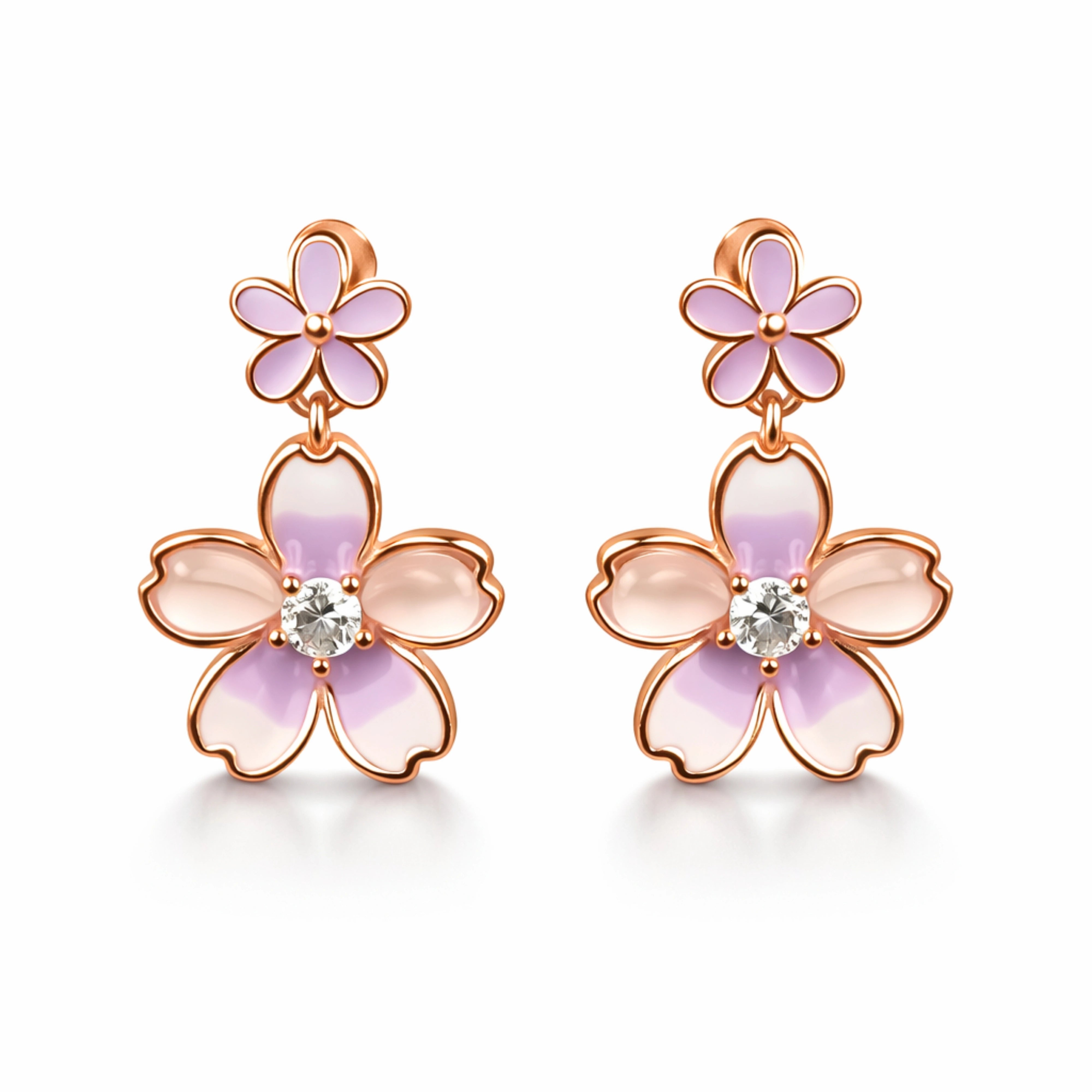 925 Sterling Silver Rose Gold Floral Drop Earrings | Pastel Enamel Flower Dangle with Crystal
